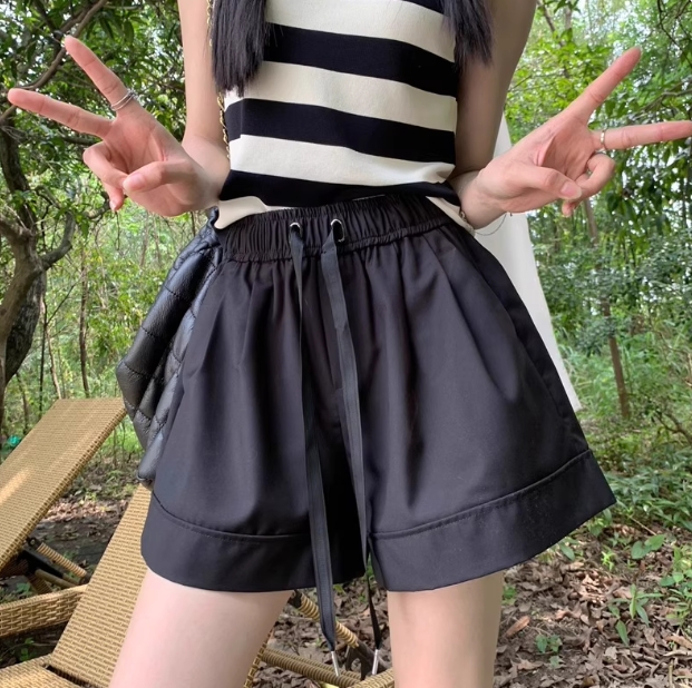 棉棉印象:19.9元! 短裤女新款夏季小个子高腰休闲宽松运动直筒阔腿a字五分裤子-1