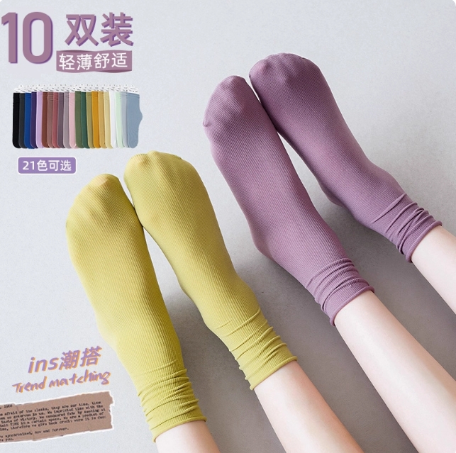 糖糖家STUDIO:11.9元! 10双冰冰袜子女中筒袜夏季薄款潮卡通白色天鹅绒冰丝春秋长堆堆袜-2